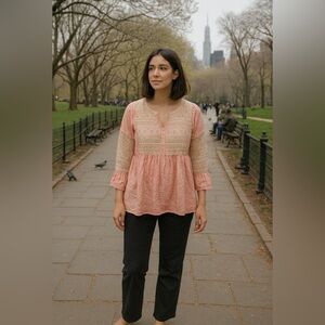 Envi boho style top. Peach shimmer fabric and cotton lace. 3/4 button front. 🍑